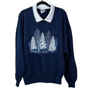 vintage 90s WINTER SNOW TREES  COLLARED GRANDMA SWEATSHIRT Christmas